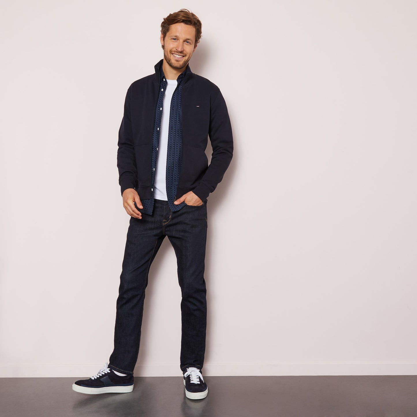 Sweat col montant zippé uni bleu marine